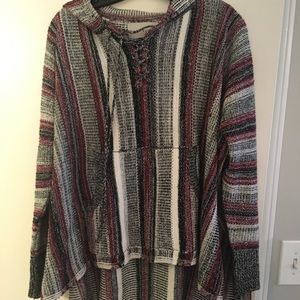 Burgundy, black, white lace up poncho, size small